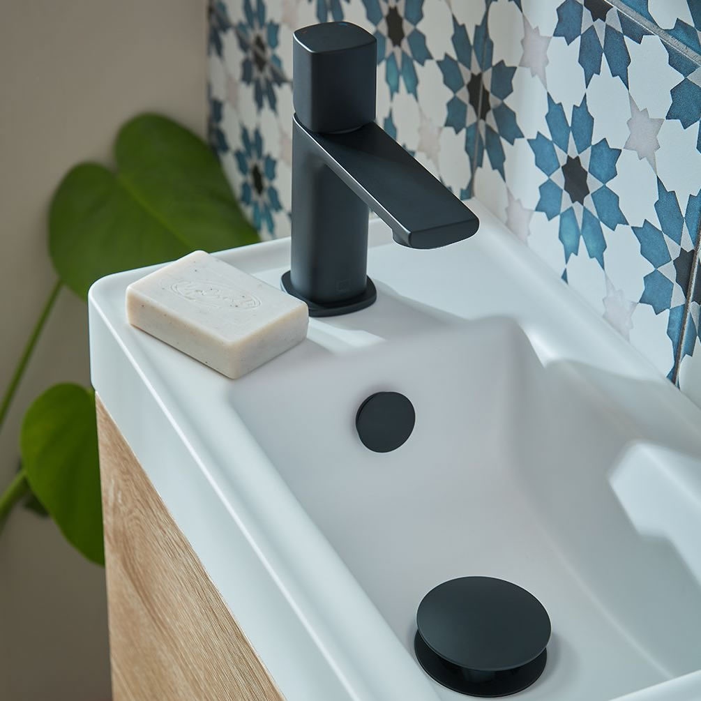 Vado Cameo Leverless Matt Black Mini Mono Basin Mixer With Waste - Lifestyle Image